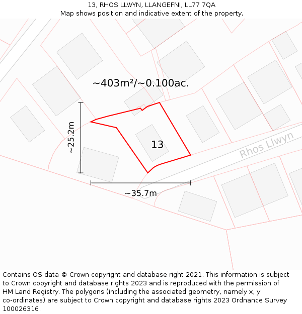 13, RHOS LLWYN, LLANGEFNI, LL77 7QA: Plot and title map