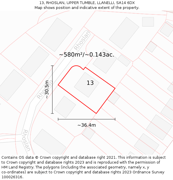 13, RHOSLAN, UPPER TUMBLE, LLANELLI, SA14 6DX: Plot and title map