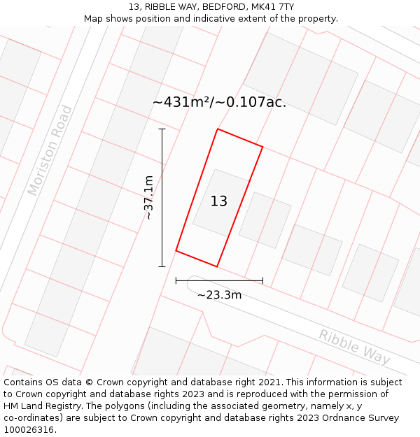 13, RIBBLE WAY, BEDFORD, MK41 7TY: Plot and title map