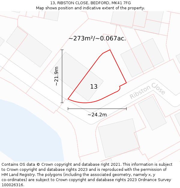 13, RIBSTON CLOSE, BEDFORD, MK41 7FG: Plot and title map