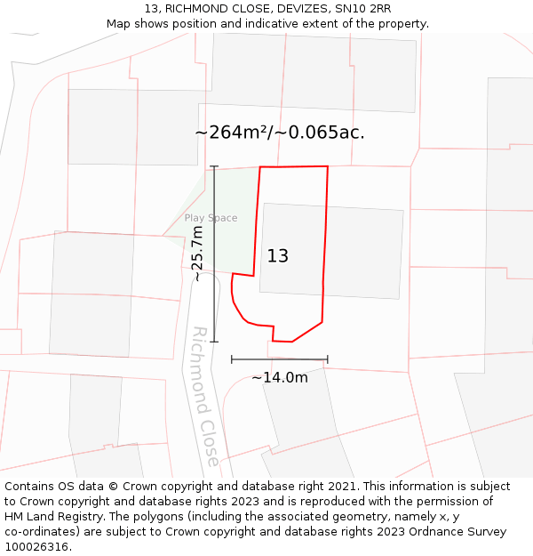 13, RICHMOND CLOSE, DEVIZES, SN10 2RR: Plot and title map