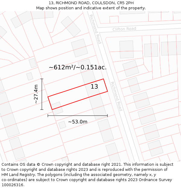 13, RICHMOND ROAD, COULSDON, CR5 2PH: Plot and title map
