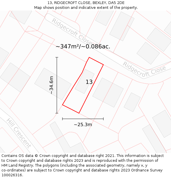13, RIDGECROFT CLOSE, BEXLEY, DA5 2DE: Plot and title map