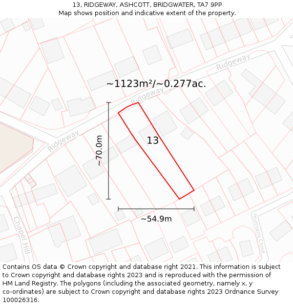 13, RIDGEWAY, ASHCOTT, BRIDGWATER, TA7 9PP: Plot and title map