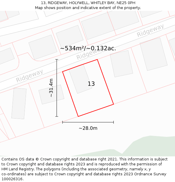 13, RIDGEWAY, HOLYWELL, WHITLEY BAY, NE25 0PH: Plot and title map