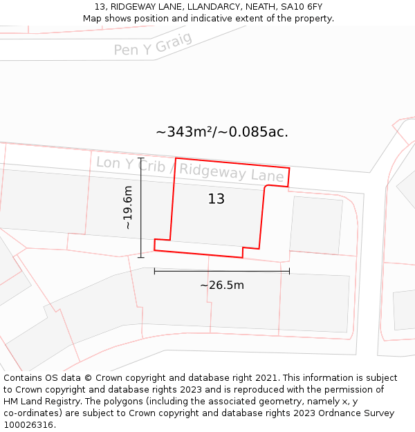 13, RIDGEWAY LANE, LLANDARCY, NEATH, SA10 6FY: Plot and title map