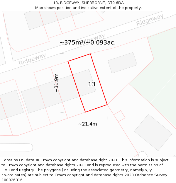13, RIDGEWAY, SHERBORNE, DT9 6DA: Plot and title map