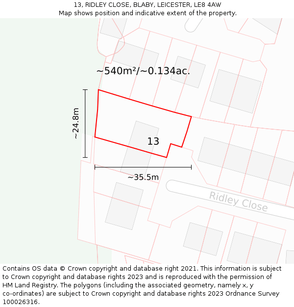13, RIDLEY CLOSE, BLABY, LEICESTER, LE8 4AW: Plot and title map