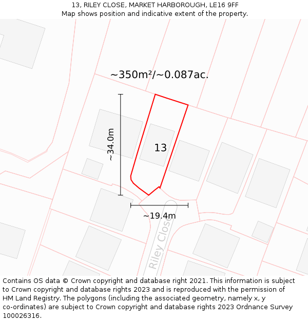 13, RILEY CLOSE, MARKET HARBOROUGH, LE16 9FF: Plot and title map