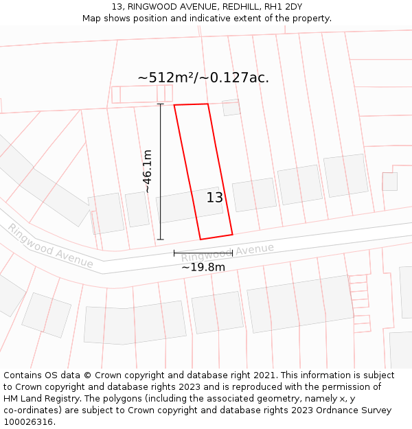 13, RINGWOOD AVENUE, REDHILL, RH1 2DY: Plot and title map