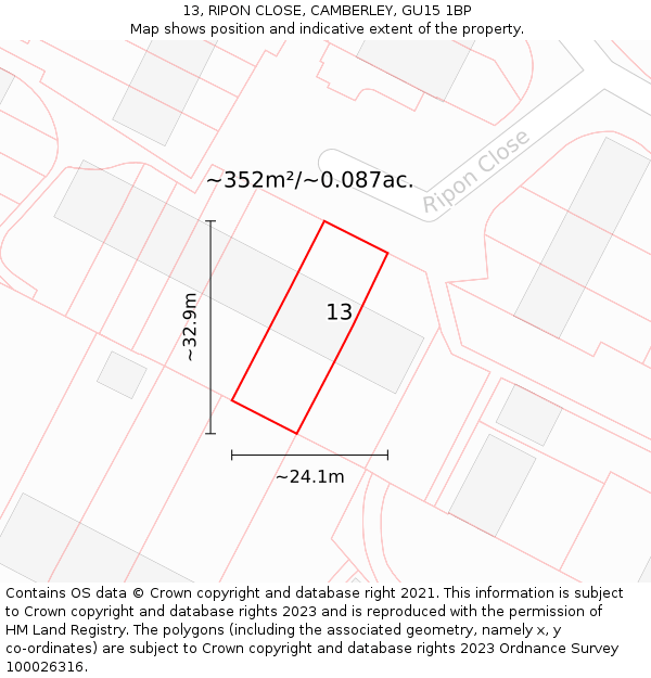 13, RIPON CLOSE, CAMBERLEY, GU15 1BP: Plot and title map