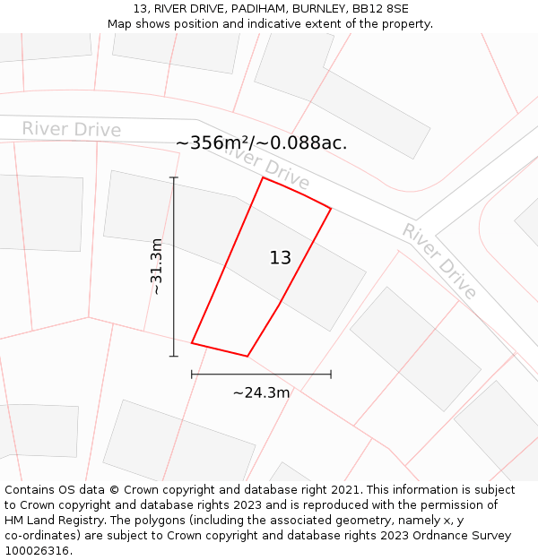 13, RIVER DRIVE, PADIHAM, BURNLEY, BB12 8SE: Plot and title map