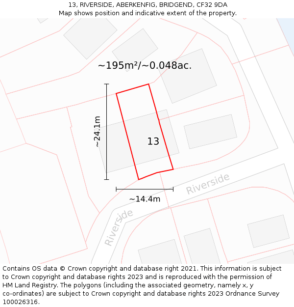 13, RIVERSIDE, ABERKENFIG, BRIDGEND, CF32 9DA: Plot and title map