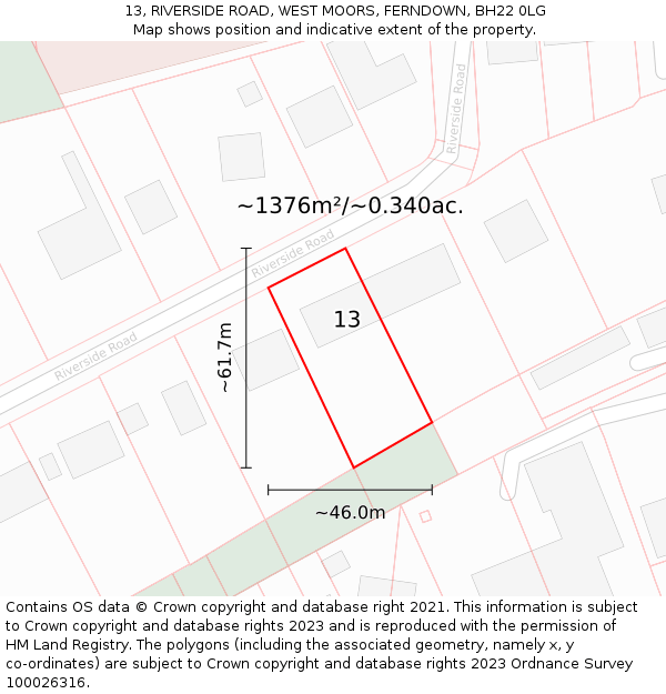 13, RIVERSIDE ROAD, WEST MOORS, FERNDOWN, BH22 0LG: Plot and title map
