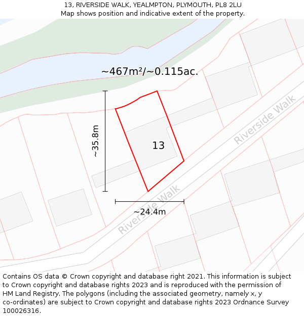 13, RIVERSIDE WALK, YEALMPTON, PLYMOUTH, PL8 2LU: Plot and title map