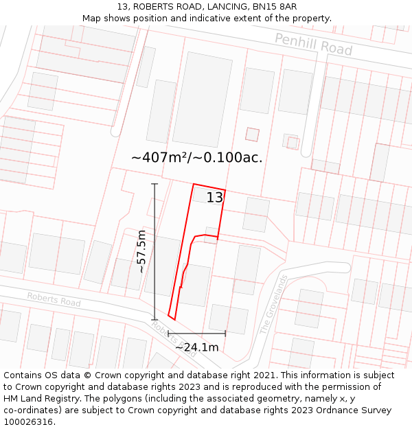 13, ROBERTS ROAD, LANCING, BN15 8AR: Plot and title map