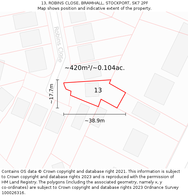 13, ROBINS CLOSE, BRAMHALL, STOCKPORT, SK7 2PF: Plot and title map