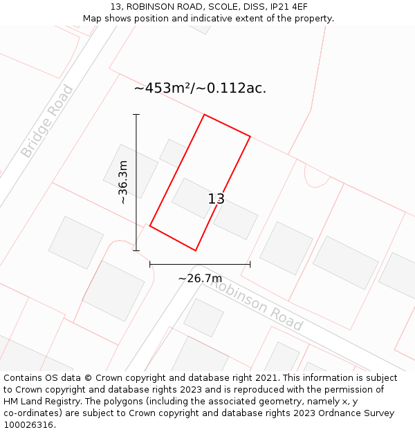 13, ROBINSON ROAD, SCOLE, DISS, IP21 4EF: Plot and title map