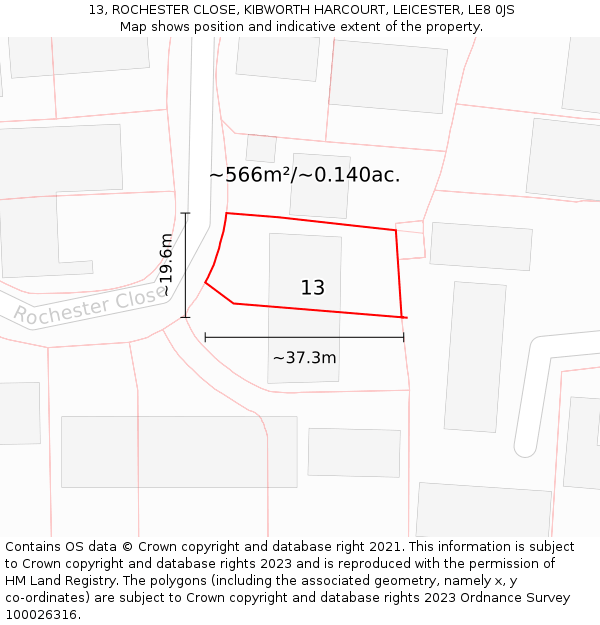 13, ROCHESTER CLOSE, KIBWORTH HARCOURT, LEICESTER, LE8 0JS: Plot and title map