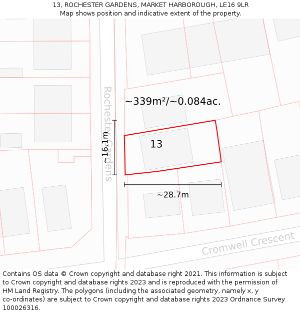 13, ROCHESTER GARDENS, MARKET HARBOROUGH, LE16 9LR: Plot and title map