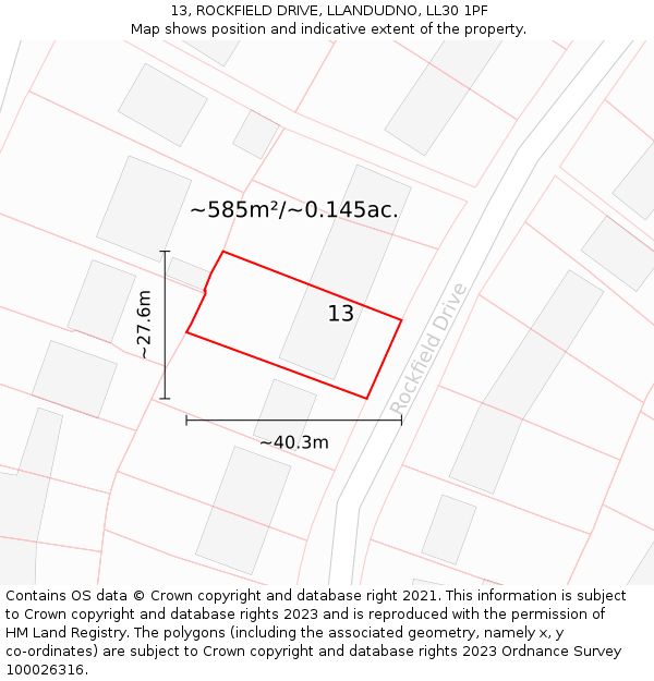 13, ROCKFIELD DRIVE, LLANDUDNO, LL30 1PF: Plot and title map