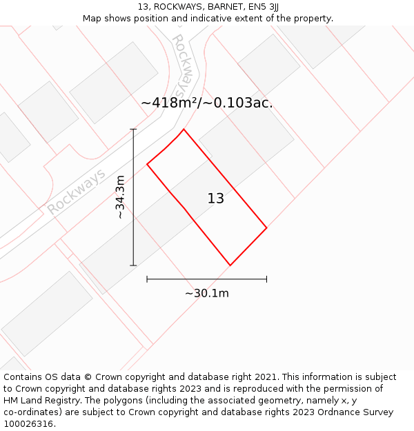 13, ROCKWAYS, BARNET, EN5 3JJ: Plot and title map