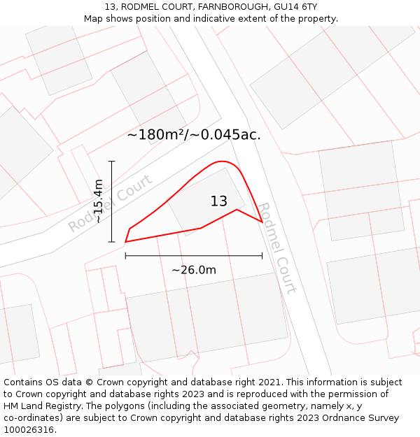 13, RODMEL COURT, FARNBOROUGH, GU14 6TY: Plot and title map