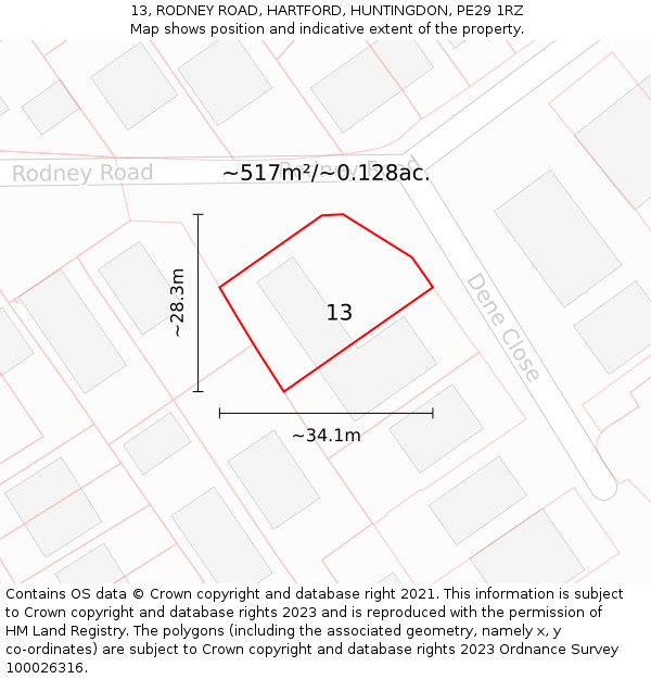 13, RODNEY ROAD, HARTFORD, HUNTINGDON, PE29 1RZ: Plot and title map