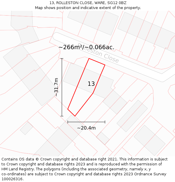 13, ROLLESTON CLOSE, WARE, SG12 0BZ: Plot and title map