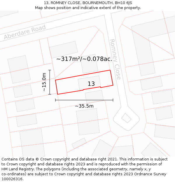 13, ROMNEY CLOSE, BOURNEMOUTH, BH10 6JS: Plot and title map