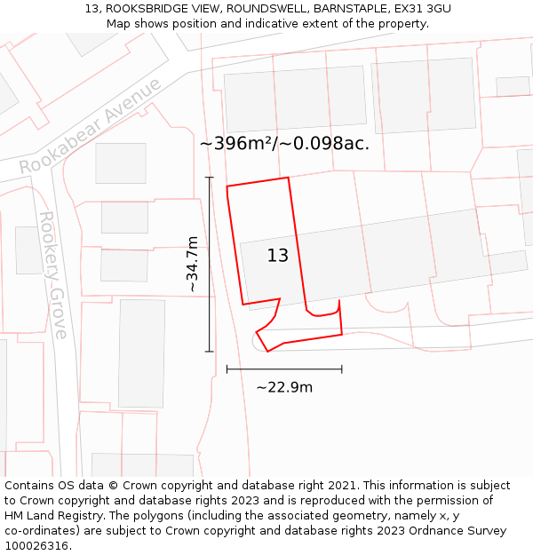13, ROOKSBRIDGE VIEW, ROUNDSWELL, BARNSTAPLE, EX31 3GU: Plot and title map