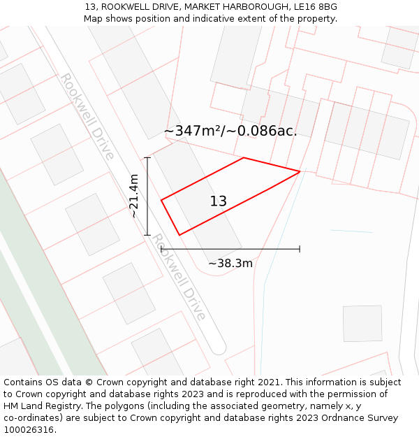 13, ROOKWELL DRIVE, MARKET HARBOROUGH, LE16 8BG: Plot and title map