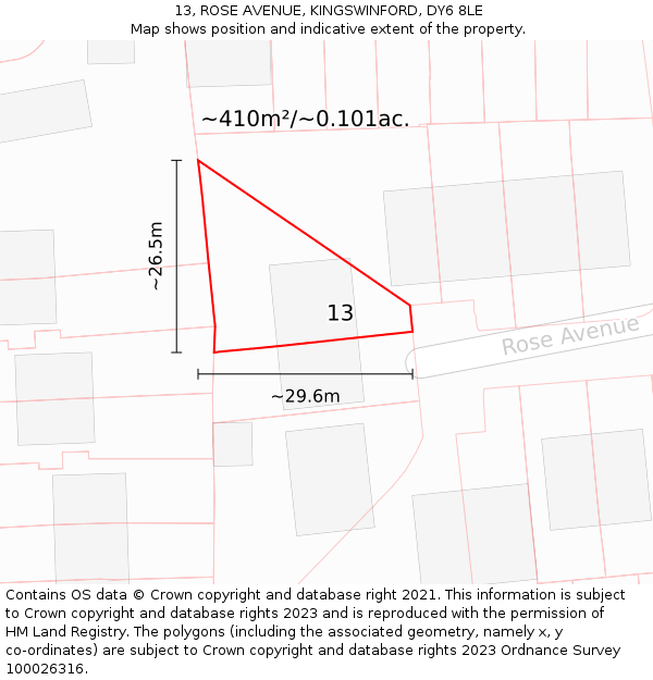 13, ROSE AVENUE, KINGSWINFORD, DY6 8LE: Plot and title map