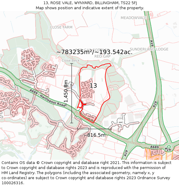 13, ROSE VALE, WYNYARD, BILLINGHAM, TS22 5FJ: Plot and title map