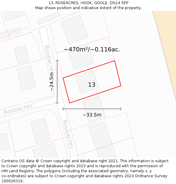13, ROSEACRES, HOOK, GOOLE, DN14 5PP: Plot and title map