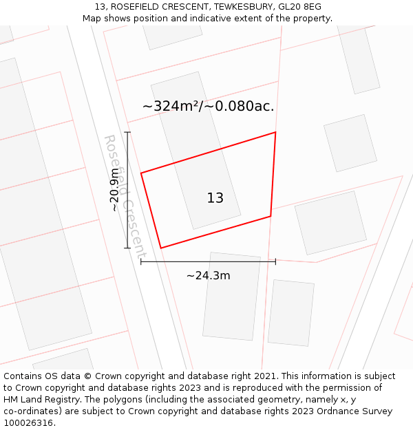 13, ROSEFIELD CRESCENT, TEWKESBURY, GL20 8EG: Plot and title map