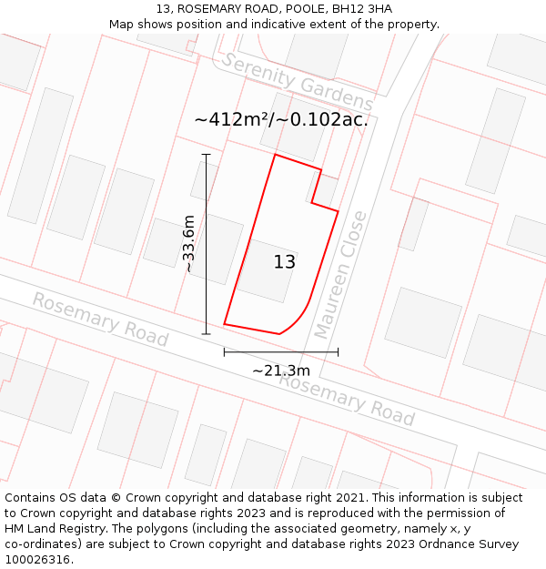 13, ROSEMARY ROAD, POOLE, BH12 3HA: Plot and title map