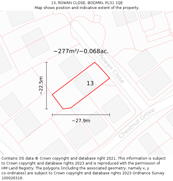 13, ROWAN CLOSE, BODMIN, PL31 1QE: Plot and title map