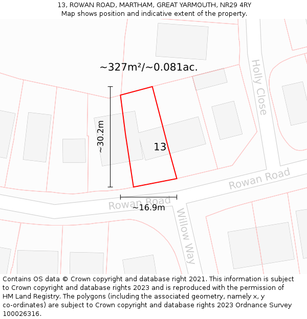 13, ROWAN ROAD, MARTHAM, GREAT YARMOUTH, NR29 4RY: Plot and title map