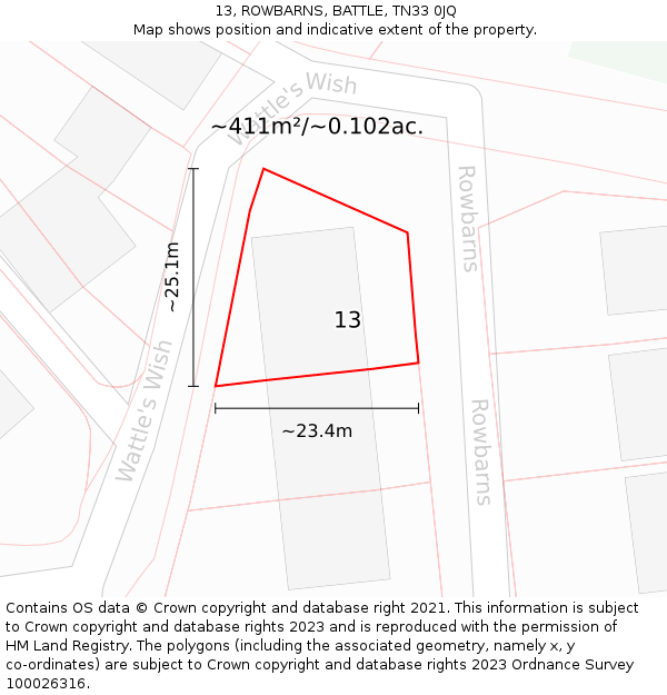 13, ROWBARNS, BATTLE, TN33 0JQ: Plot and title map