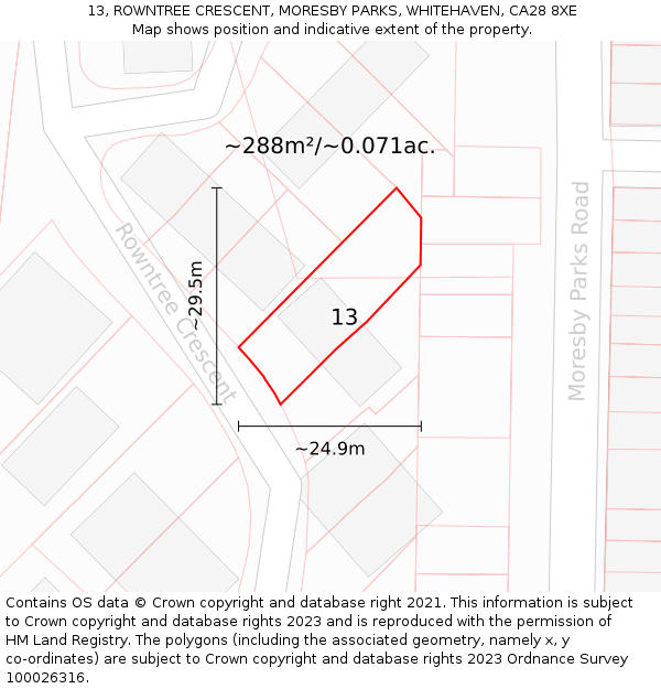 13, ROWNTREE CRESCENT, MORESBY PARKS, WHITEHAVEN, CA28 8XE: Plot and title map