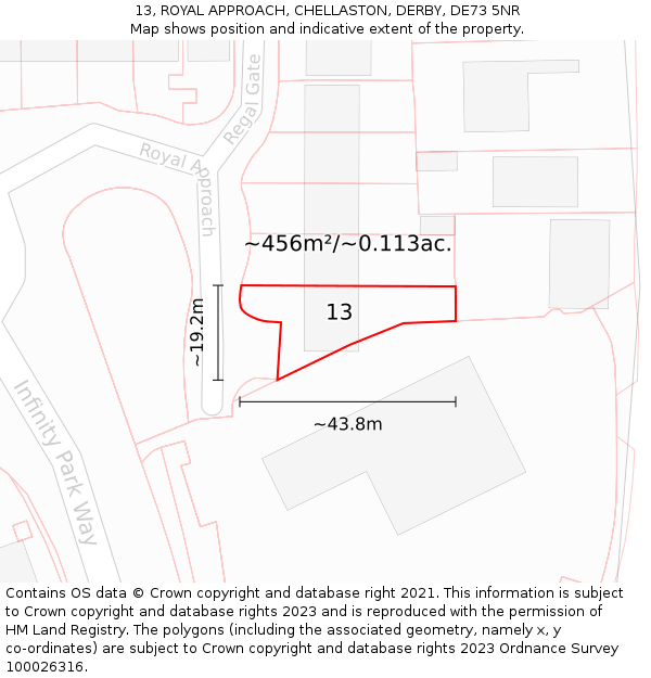 13, ROYAL APPROACH, CHELLASTON, DERBY, DE73 5NR: Plot and title map