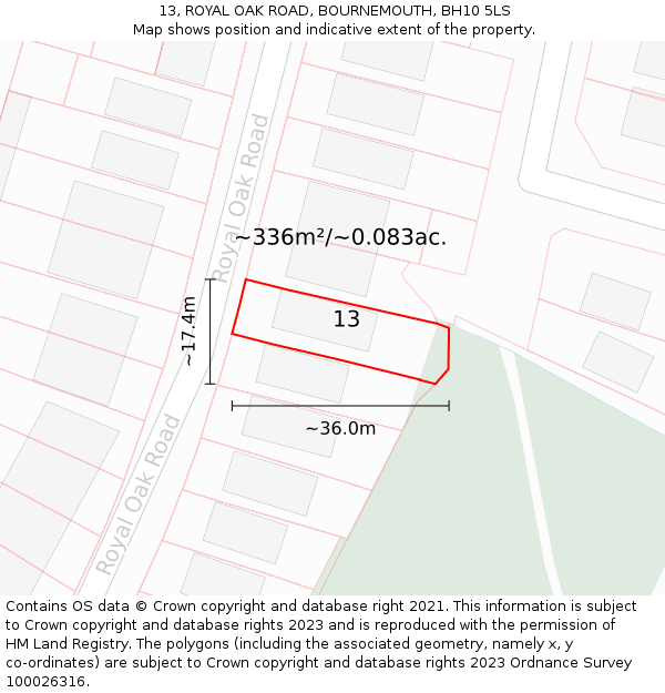 13, ROYAL OAK ROAD, BOURNEMOUTH, BH10 5LS: Plot and title map