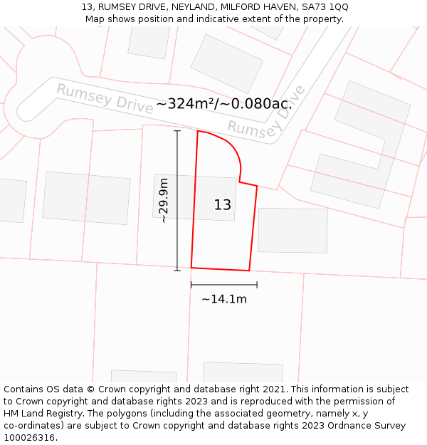 13, RUMSEY DRIVE, NEYLAND, MILFORD HAVEN, SA73 1QQ: Plot and title map