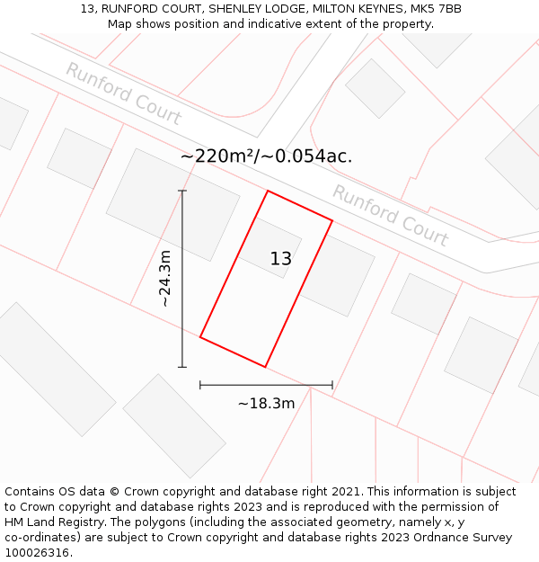 13, RUNFORD COURT, SHENLEY LODGE, MILTON KEYNES, MK5 7BB: Plot and title map
