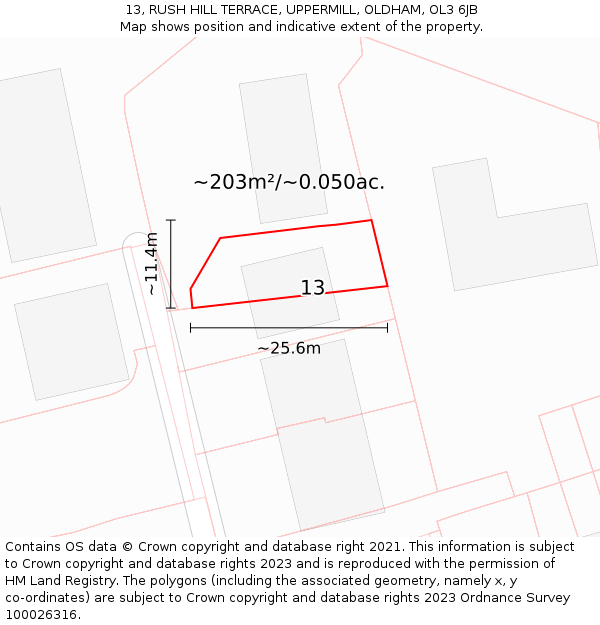 13, RUSH HILL TERRACE, UPPERMILL, OLDHAM, OL3 6JB: Plot and title map