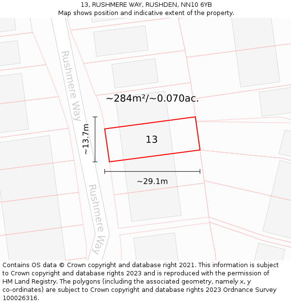 13, RUSHMERE WAY, RUSHDEN, NN10 6YB: Plot and title map