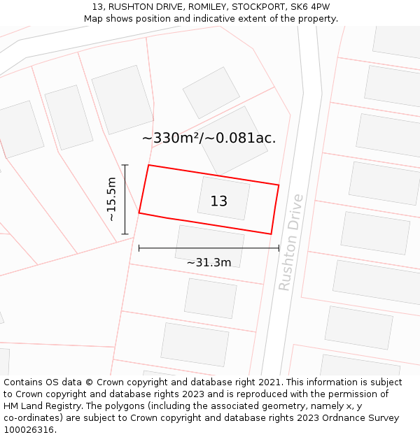 13, RUSHTON DRIVE, ROMILEY, STOCKPORT, SK6 4PW: Plot and title map
