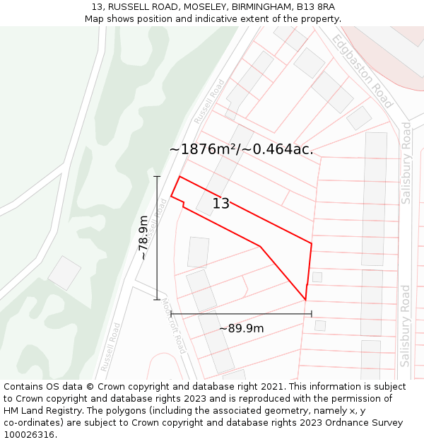 13, RUSSELL ROAD, MOSELEY, BIRMINGHAM, B13 8RA: Plot and title map
