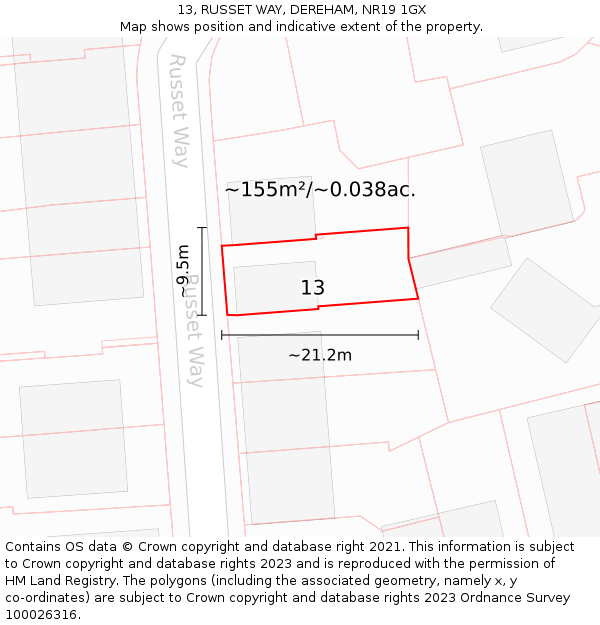 13, RUSSET WAY, DEREHAM, NR19 1GX: Plot and title map